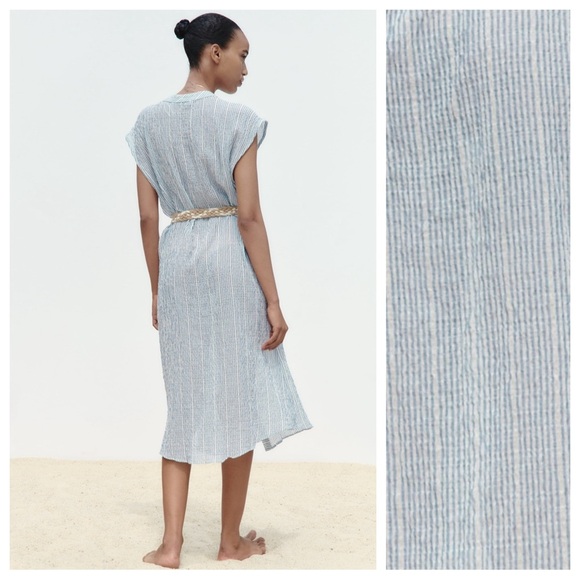 NWT. Zara Blue/White Stripped Belted Midi Shirt Dress. Size S. - Picture 4 of 8
